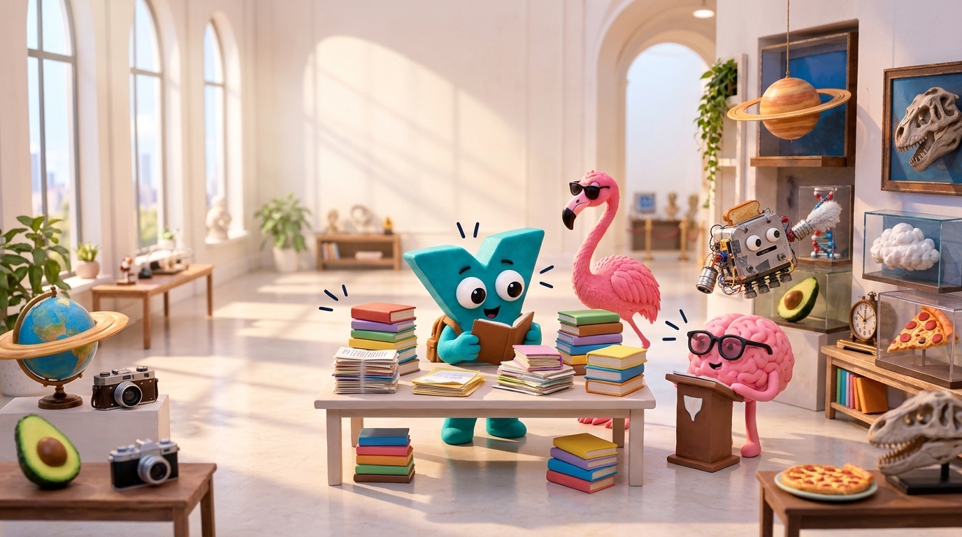 Playful learning characters reading together in a bright, curiosity-filled room